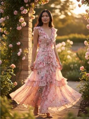 Misa Los Angeles Pink Floral Ruffle V‑Neck Maxi Dress